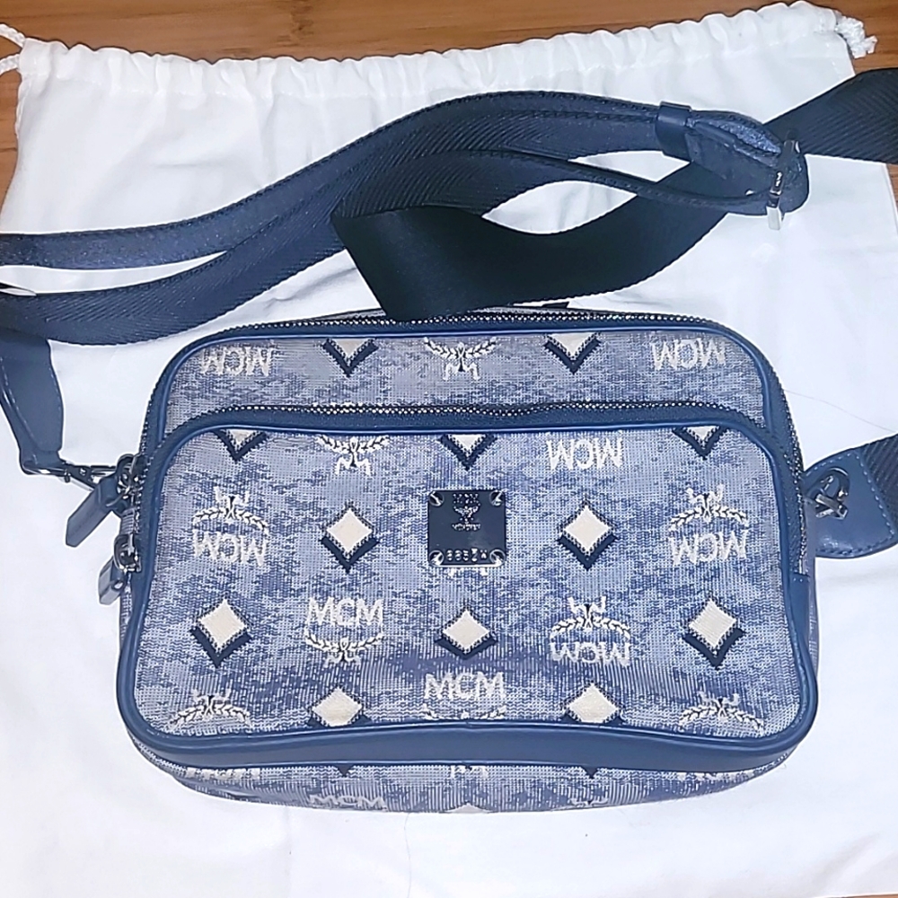 MCM VINTAGE JACQUARD MONOGRAM CANVAS & LEATHER CROSSBODY